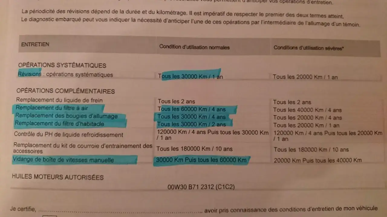 Vidange de bo&icirc;te de vitesses manuelle pour 208 essence tous les 30000 km.