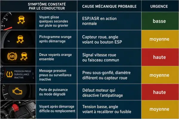 Tableau des voyants de voiture : voyant glisse sur pluie, pictogramme orange, ABS, pression pneus, perte de puissance, démarrage difficile.