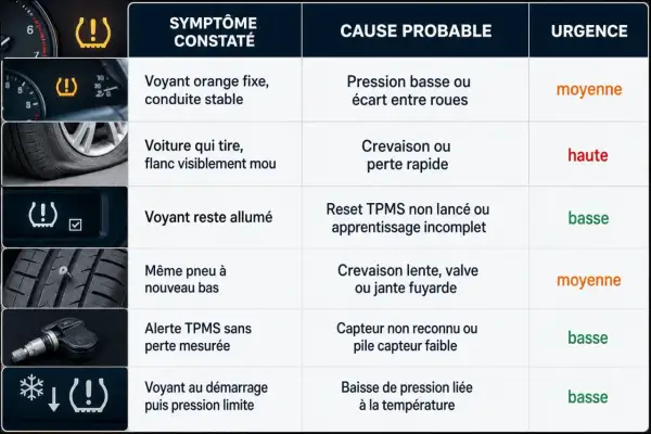 Tableau des symptômes de pression des pneus. Aide à diagnostiquer les problèmes et à réinitialiser la pression des pneus.