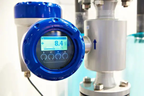 Débitmètre industriel avec écran affichant 8.4 m³/h. Un guide sur comment nettoyer un débitmètre serait utile pour maintenir cette précision.