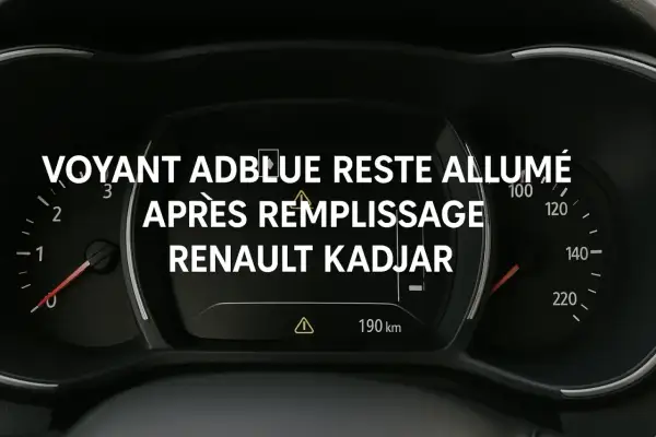 Voyant AdBlue allumé sur Renault Kadjar après remplissage. Le tableau de bord affiche le message et une autonomie restante.