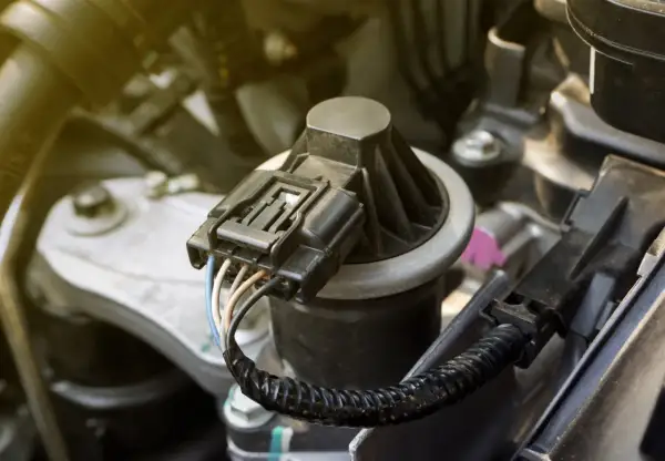 Détail d'un connecteur de vanne EGR sur un moteur. Une modification pour supprimer la vanne EGR du calculateur peut être envisagée.