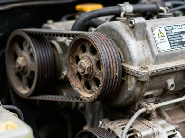 Détail d'un moteur de voiture montrant une courroie d'accessoire usée, rouillée et craquelée, tendue entre deux poulies.