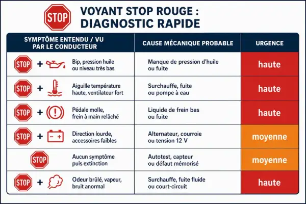 Tableau de diagnostic rapide pour voyant STOP rouge : une odeur de brûlé, vapeur ou bruit anormal peut indiquer une surchauffe, une fuite fluide ou un court-circuit de la voiture.