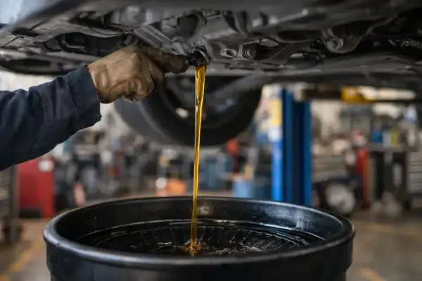 Vidange d'huile moteur d'un véhicule diesel, probablement à 30 000 km. L'huile usagée s'écoule dans un bac de récupération.