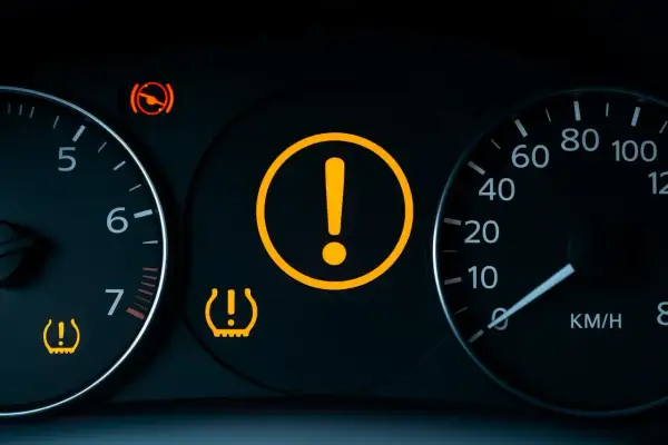 Tableau de bord avec voyant moteur point d'exclamation allumé, signalant un problème. Le témoin de pression des pneus est aussi actif.