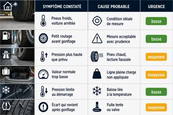 Tableau des symptômes et causes de pression pneu été : Pneus froids, mesure acceptable, pneu chaud, ligne pleine charge, baisse liée à la température, fuite lente.