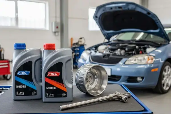 Huile moteur 5W40 diesel : combien de km avec ces bidons FISC ? Un filtre à huile et une clé sont prêts pour le changement sur la voiture bleue.