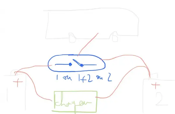Schéma montage coupe batterie : deux batteries reliées par un sélecteur (1, 1+2, ou 2) et un boîtier "choyen".