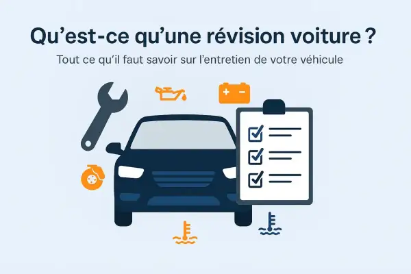 Illustration d'une voiture avec des icônes de mécanique (clé, huile, batterie, thermomètre). Une liste de contrôle est à côté. Idéal pour savoir quand faire la révision de sa voiture.