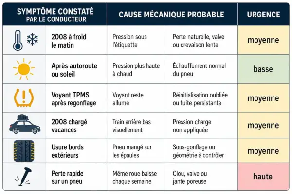 Tableau des symptômes de pression pneu 2008 : froid, soleil, voyant TPMS, vacances, usure, perte rapide. Causes et urgence associées.