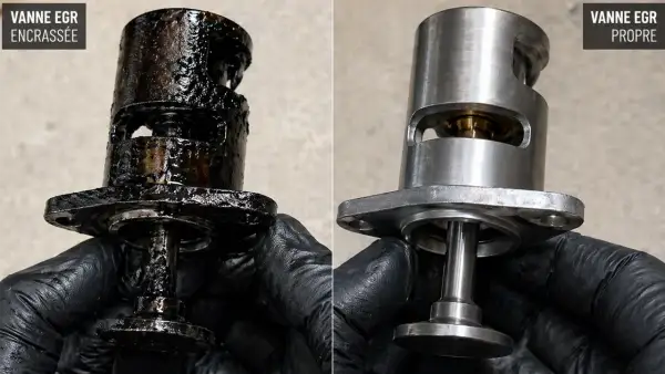 Comparaison d'une vanne EGR encrassée, couverte de suie noire, et d'une vanne EGR propre, brillante et métallique.