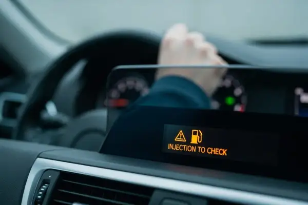 Tableau de bord d'une voiture avec un voyant orange "INJECTION TO CHECK". Peut-on rouler avec ce message ?
