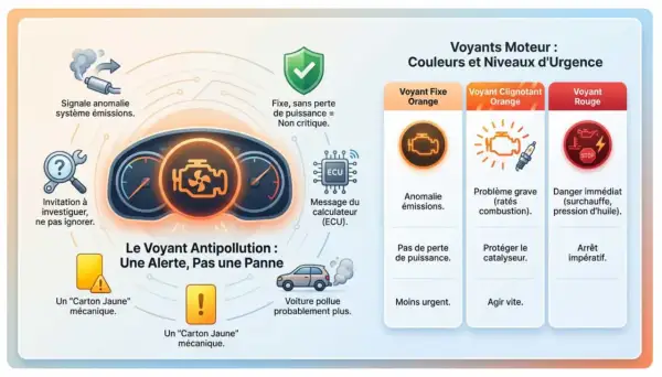 Le voyant antipollution s'allume : orange fixe pour une anomalie d'émissions, clignotant pour un problème grave, rouge pour un danger immédiat. Agir vite pour préserver l'environnement.