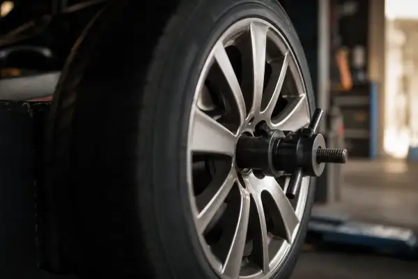Roue de voiture sur une machine pour l'équilibrage des pneus. Un technicien ajuste l'appareil pour un équilibrage parfait.