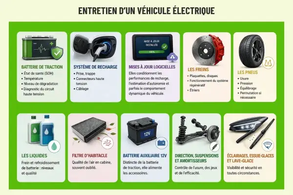 Entretien d'un véhicule électrique : batterie, recharge, freins, pneus, liquides, filtre, etc. La vidange voiture électrique concerne les fluides.