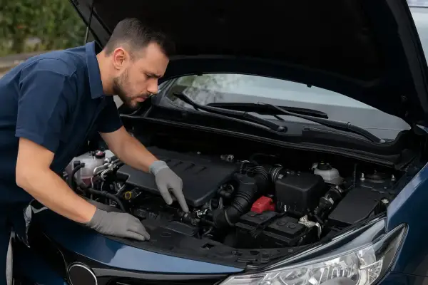 Mécanicien inspectant un moteur. Si votre véhicule a un défaut moteur, faites réparer le véhicule sans perte de puissance.