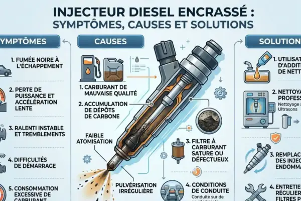 Schéma illustrant les symptômes d'un injecteur encrassé diesel : fumée noire, perte de puissance, ralenti instable, difficultés de démarrage, consommation excessive. Causes : carburant de mauvaise qualité, dépôts de carbone, filtre saturé. Solutions : ...