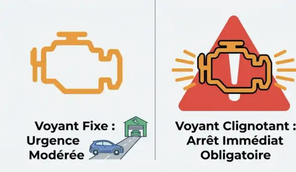 Voyant moteur allumé fixe : urgence modérée, possible perte de puissance. Voyant clignotant : arrêt immédiat, risque de panne.