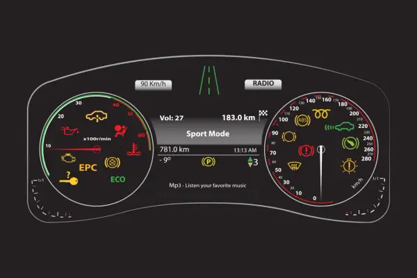 Tableau de bord de voiture affichant des symboles d'alerte, la vitesse, le mode Sport et des informations sur la musique. Le niveau de liquide est indiqué par un symbole.