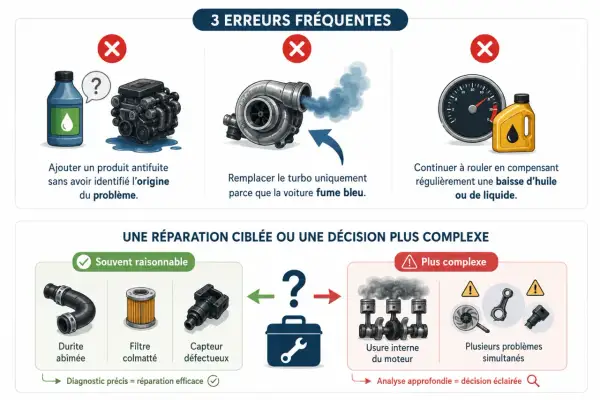 Un turbo qui fume bleu, une erreur fréquente. Une réparation ciblée est souvent raisonnable pour une durite abîmée, un filtre colmaté ou un capteur défectueux.
