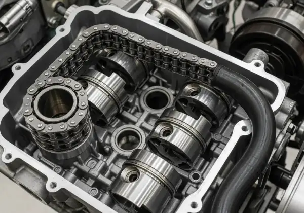 Vue rapprochée d'un moteur TCE 130, montrant la chaîne de distribution et les pistons. Ce moteur utilise une chaîne, pas une courroie.