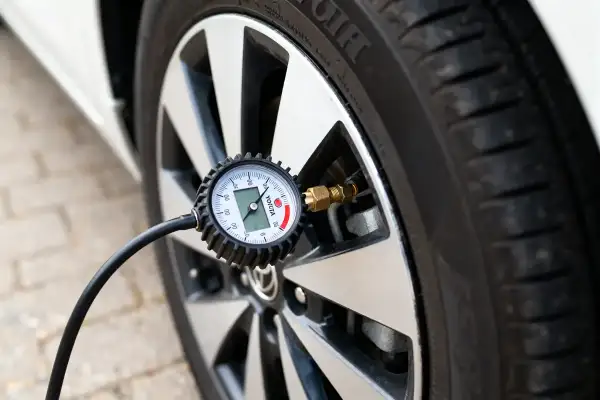 Manomètre mesurant la pression pneu Toyota Yaris. Le cadran indique la valeur de la pression.