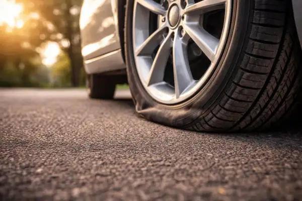 Gros plan sur une roue de voiture avec un pneu qui se dégonfle lentement sur la route, sous un soleil couchant.