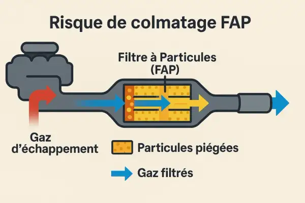Schéma montrant le **risque de colmatage du filtre à particules** (FAP) par les gaz d'échappement. Les particules sont piégées, les gaz filtrés sortent.