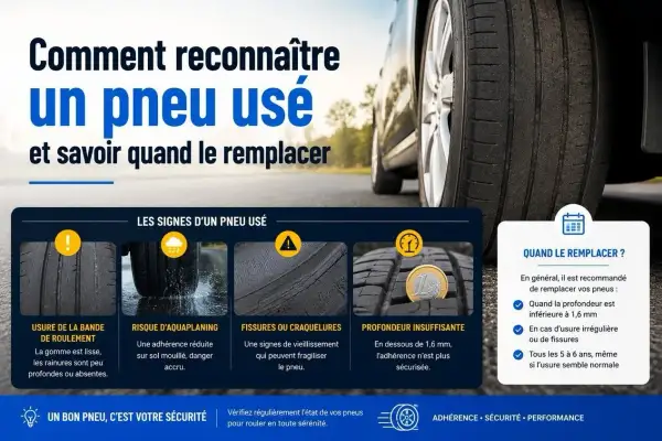 Les pneus usés, avec leur gomme lisse et leurs rainures peu profondes, indiquent un risque accru d'aquaplaning et une adhérence réduite. Vérifiez leur profondeur pour votre sécurité.
