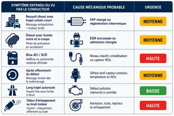 Tableau des symptômes de moteur diesel : FAP saturé, EGR encrassée, ou trop d'air dans le moteur diesel peuvent causer des problèmes. Urgence variable.
