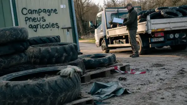 Un homme près d'un camion chargé de pneus agricoles. Un panneau indique "Campagne Pneus agricoles", un lieu où jeter des pneus usagés.