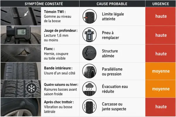 Tableau comparant les symptômes d'usure des pneus, leurs causes probables et l'urgence. L'usure anormale peut indiquer un problème.