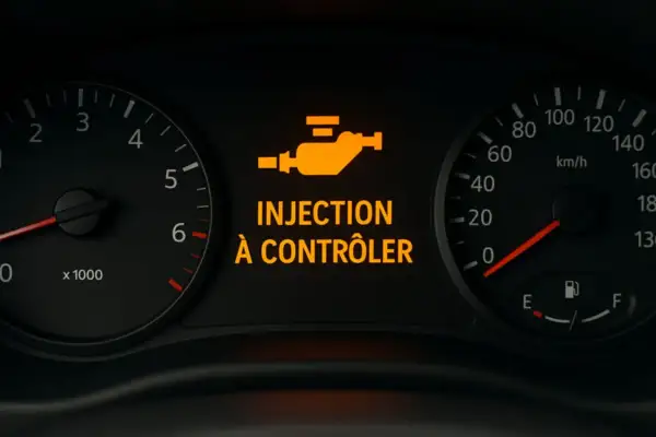 Tableau de bord d'une Mégane 3 avec le voyant "INJECTION À CONTRÔLER" allumé, signalant un problème potentiel.