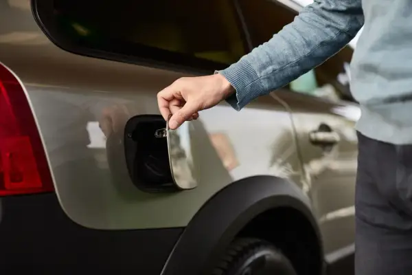 Main tenant ouvre la trappe à essence de sa voiture. Il soupire, pensant : "ma voiture consomme trop d'essence".