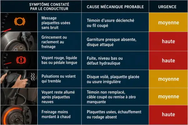 Tableau des symptômes de freinage : voyant plaquette de frein Volkswagen, grincement, pédale longue, volant qui tremble, freinage faible. Causes et urgence associées.
