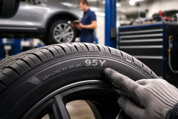 Un mécanicien pointe l'indice de charge 95Y sur un pneu. La question est : peut-on changer l'indice de charge d'un pneu ?